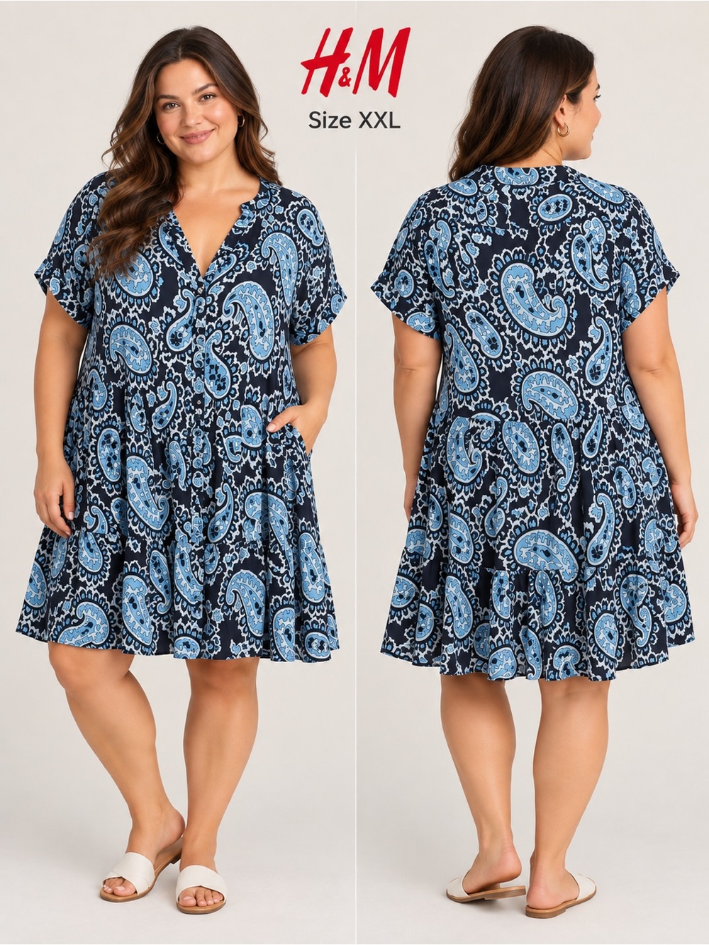 H&M Blue Paisley Tiered Button Front Dress Women’s XXL Boho Short Sleeve